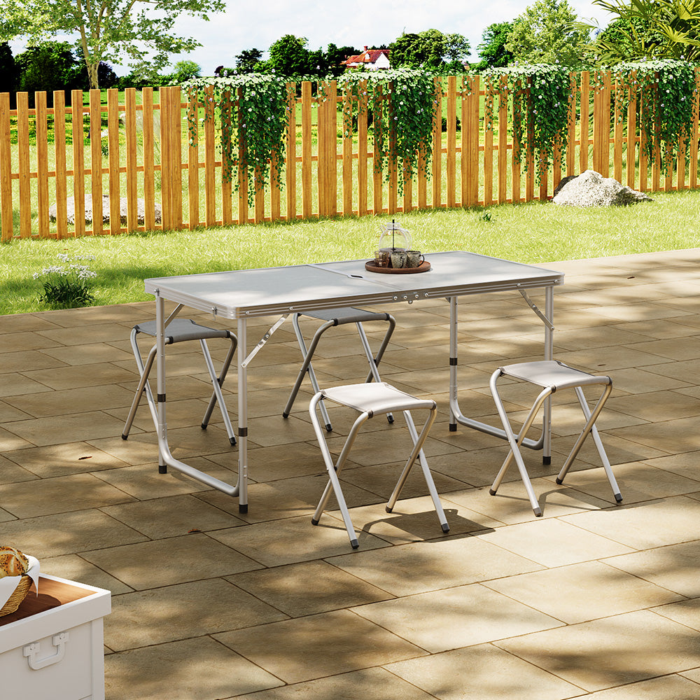 White Aluminium Folding Camping Table Set with 4 Stools – Compact Portable Outdoor Dining Set